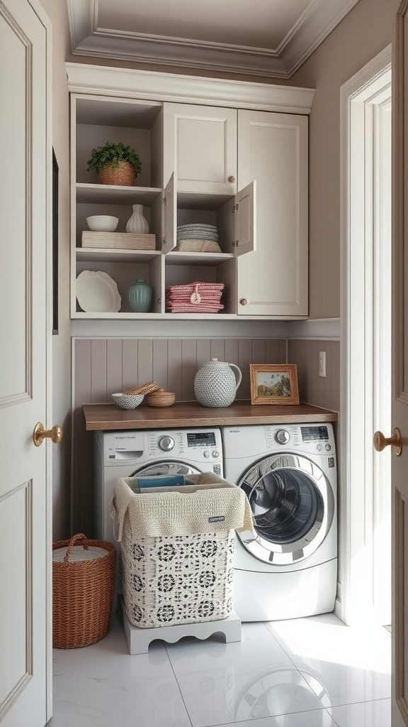 Cozy small laundry room with a built-in hamper and shelves above the washing machines.