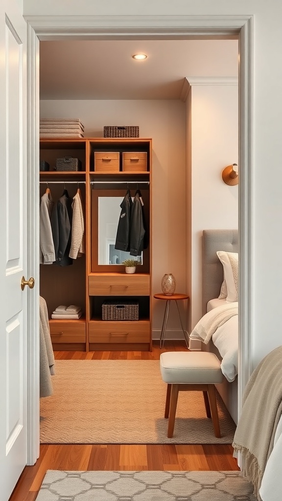 A compact dressing area in a small walk-in closet featuring wooden shelves, a mirror, and a small stool.