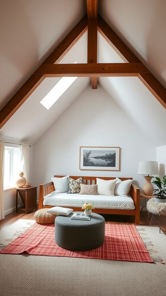 A cozy attic bedroom featuring a daybed, wooden beams, and a warm color palette.