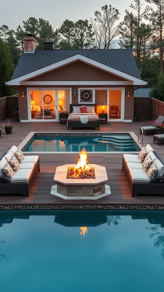A cozy fire pit area on an above ground pool deck, featuring comfortable seating and a beautiful pool.