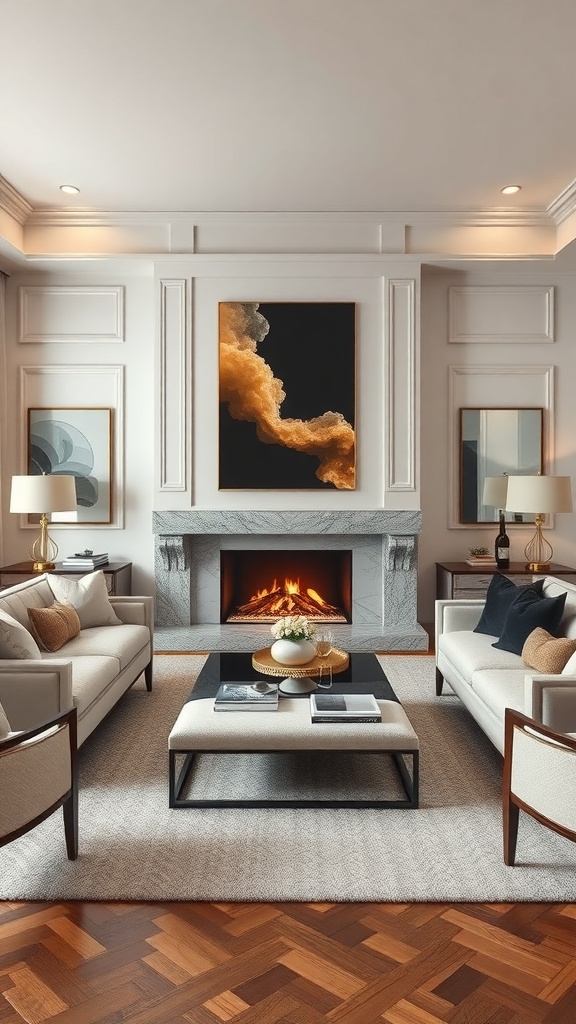 A stylish living room featuring a fireplace as a focal point, with modern sofas and artwork.