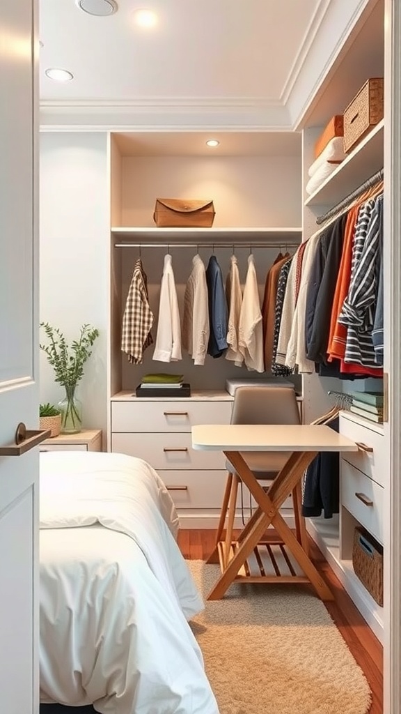 A small walk-in closet featuring a fold-down table, organized clothing, and a cozy chair.
