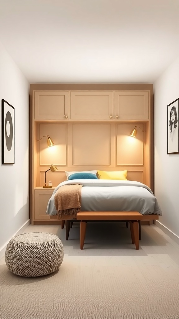 A small guest bedroom featuring a foldable Murphy bed with warm cabinetry, colorful cushions, and stylish lamps.