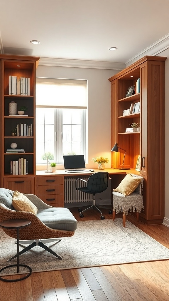 A well-organized small study room with a desk, comfortable seating, and warm lighting