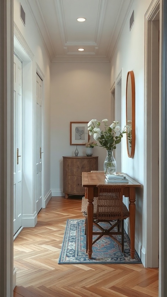 A narrow hallway featuring a foldable table, vase of flowers, and decorative elements
