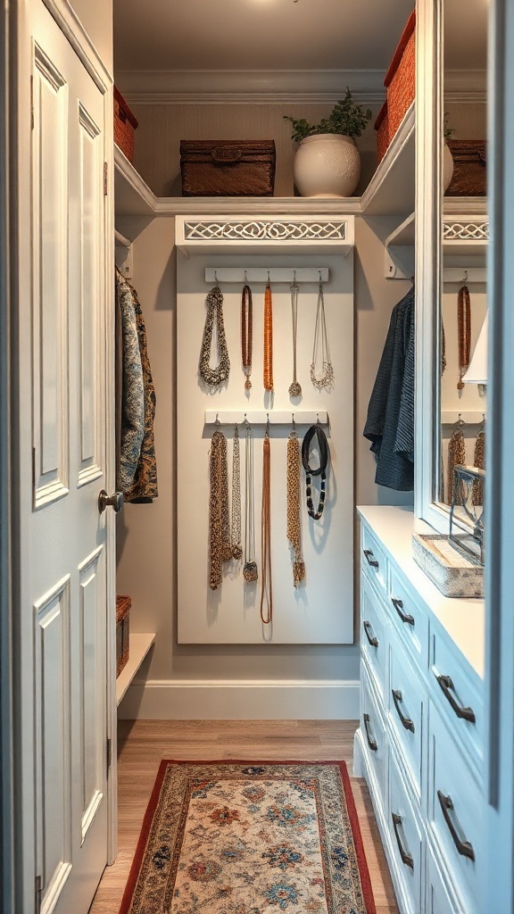 A narrow walk-in closet featuring a jewelry organizer with necklaces displayed on a wall-mounted rack.