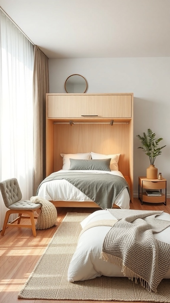 A tiny bedroom featuring a Murphy bed, cozy chair, and warm decor.