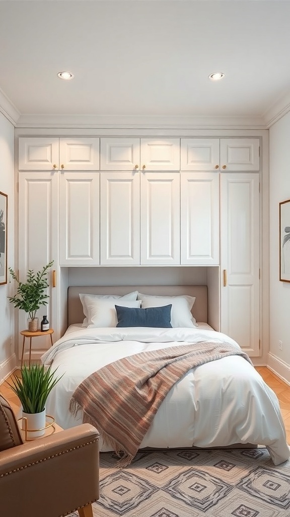 A cozy bedroom featuring a Murphy bed integrated with white cabinetry, showcasing a neatly made bed with decorative cushions and a warm throw.