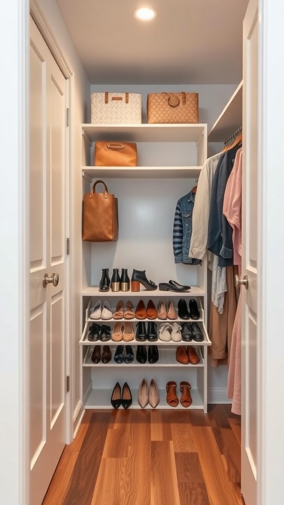 A small walk-in closet featuring a pull-out shoe rack with various shoes organized neatly on shelves.