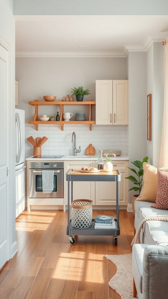 A small kitchen featuring a stylish rolling cart for extra prep space.