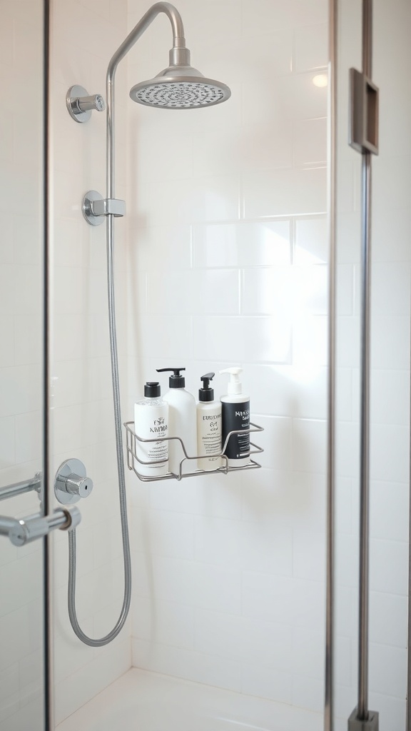 A shower caddy with various bottles of shampoo and body wash in a modern bathroom setting.