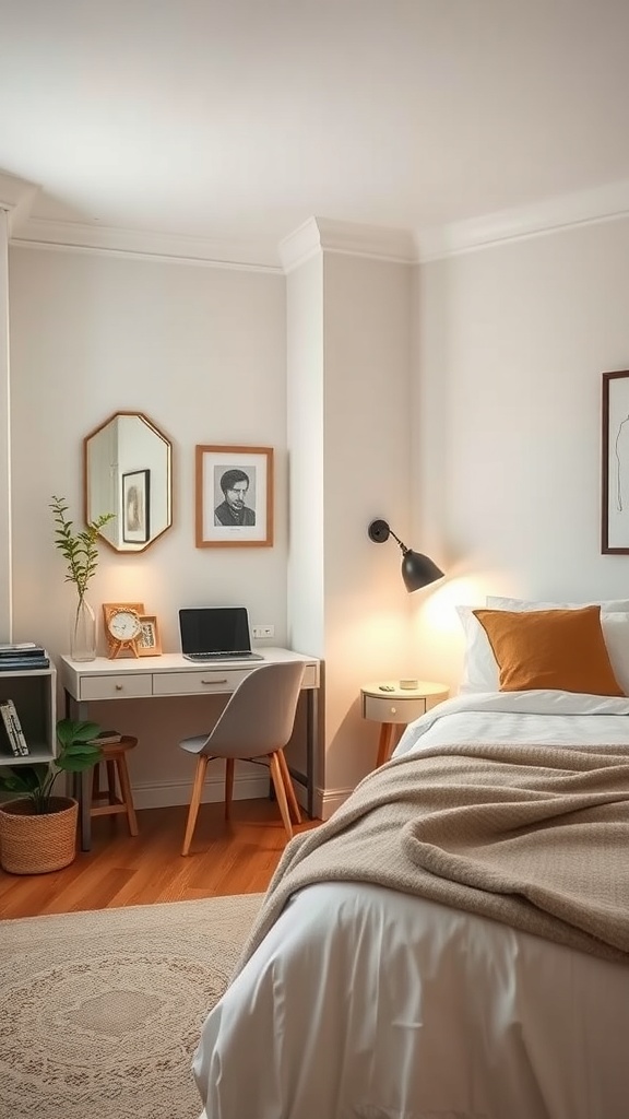 A small guest bedroom featuring a desk area with a laptop, chair, and decorative items.