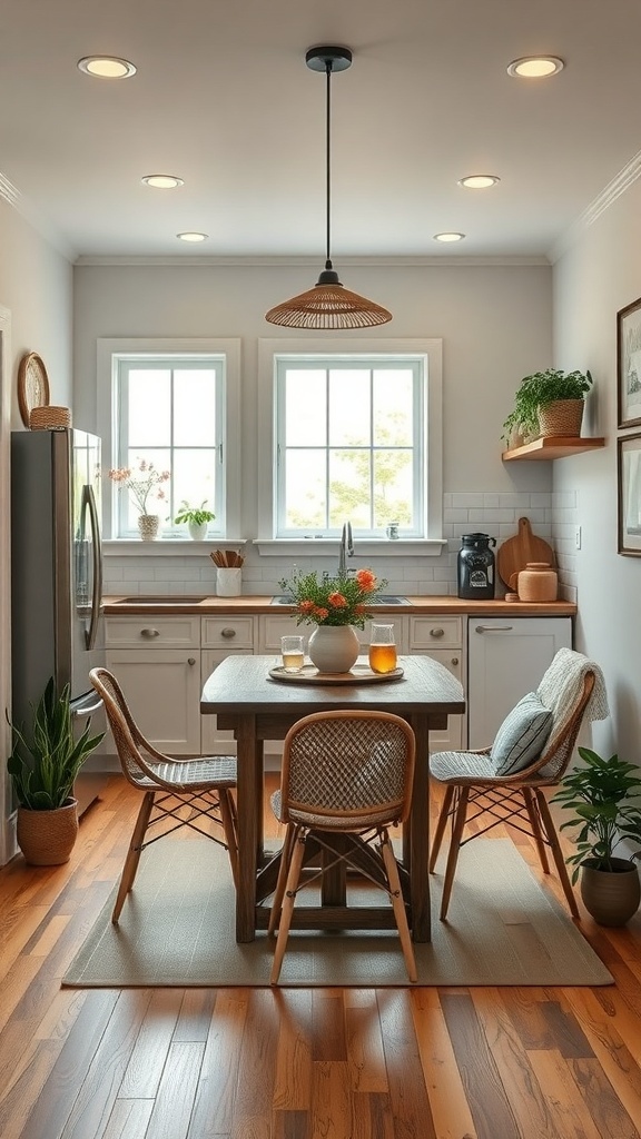 Cozy small dining area in a farmhouse kitchen with a round table, chairs, and potted plants
