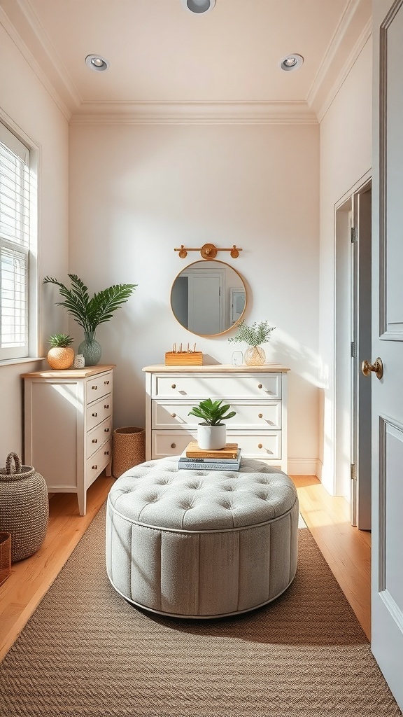 Stylish small dressing room featuring a tufted ottoman, white dresser, round mirror, and plants.