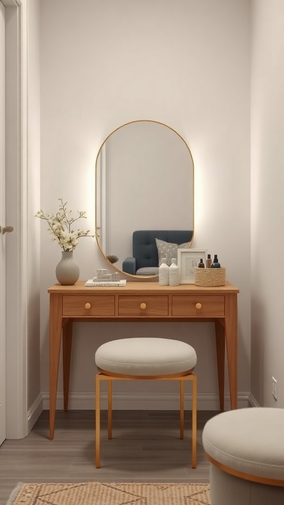 A cozy small vanity area with a wooden table, round mirror, and light-colored stool