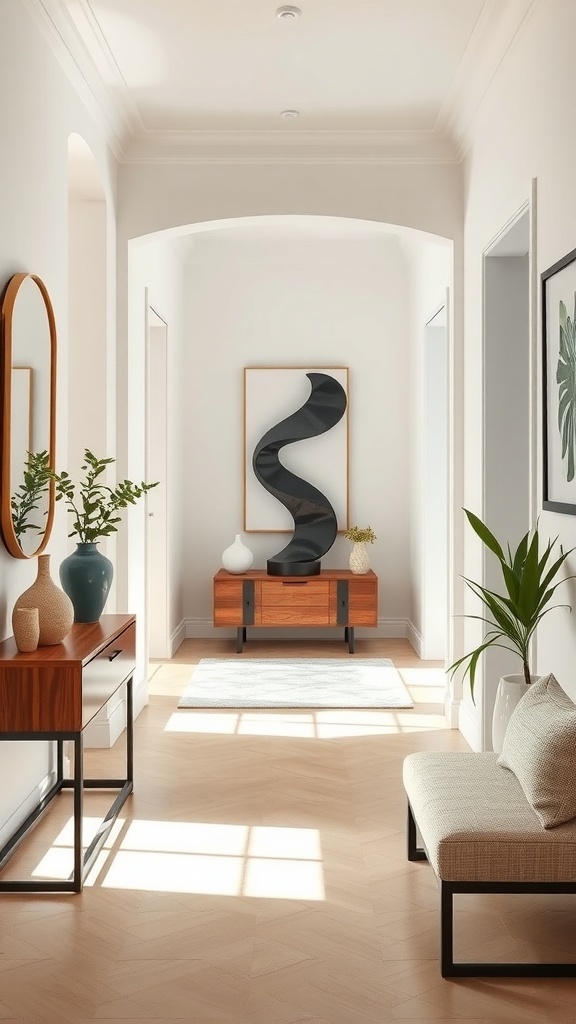 A narrow entryway featuring a modern console table, artistic decor, and plants.
