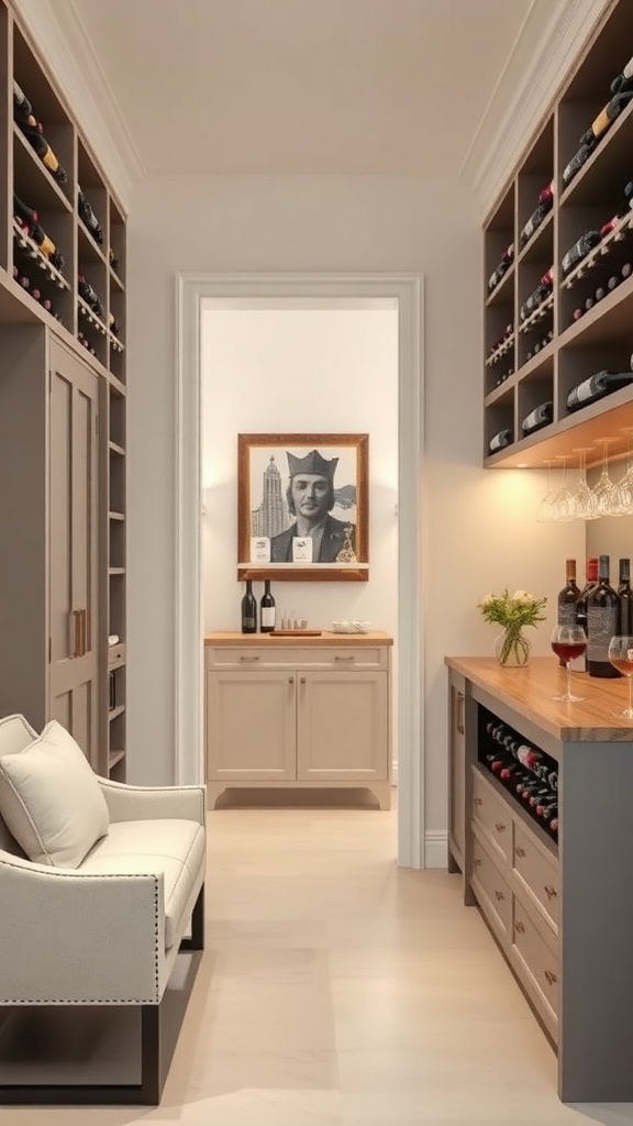 A stylish butler's pantry featuring a wine rack, organized wine bottles, and a cozy seating area.