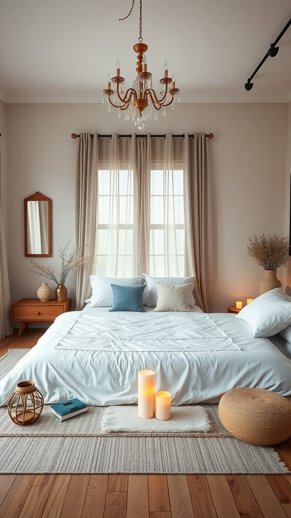 A cozy prayer room with soft lighting, a bed, candles, and decorative elements.