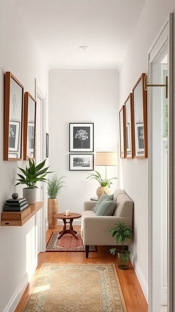 A cozy hallway decorated with artwork, a small sofa, plants, and warm lighting.