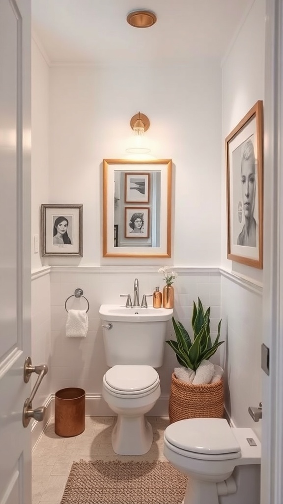 Small half bathroom with framed artwork, plants, and modern decor