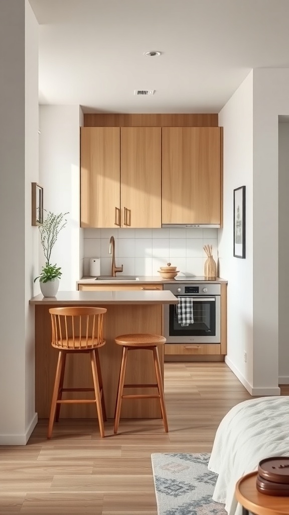 A modern apartment kitchen featuring wooden bar stools at a kitchen island.