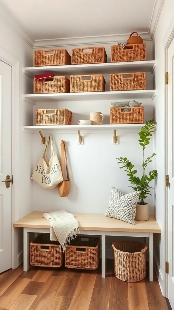 A small mudroom with shelves filled with woven baskets, a bench, and a plant.