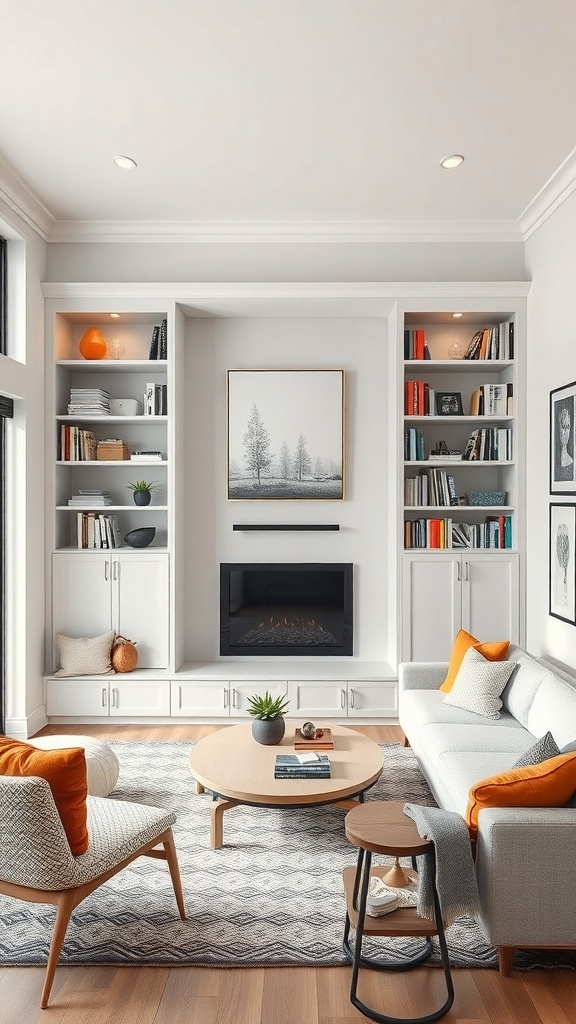 A modern living room featuring built-in furniture with shelving, cabinetry, and cozy seating.