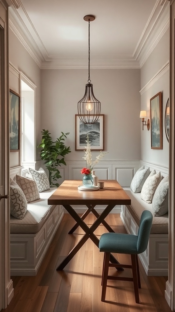 Narrow dining room with built-in seating, wooden table, and hanging light
