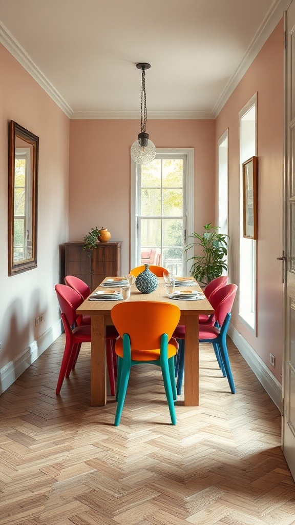 A narrow dining room featuring a wooden table surrounded by colorful chairs in orange, pink, and turquoise, with pastel pink walls and decorative elements.