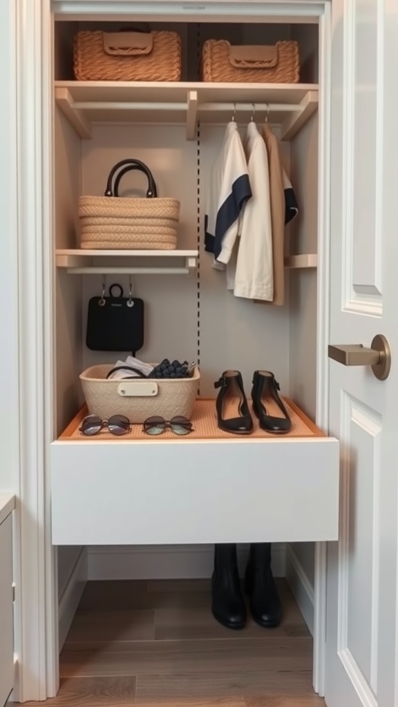 Organized tiny closet with drawer and stylish baskets