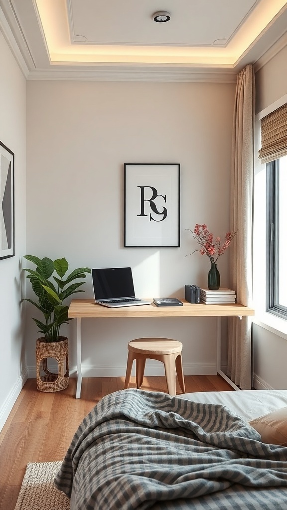 A small bedroom featuring a floating desk near a window, styled with a laptop and decorative items.