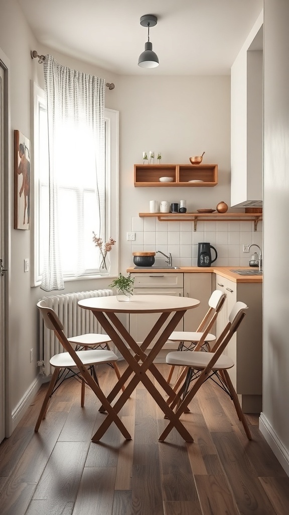 A narrow kitchen featuring a foldable table and chairs, showcasing a cozy and functional design