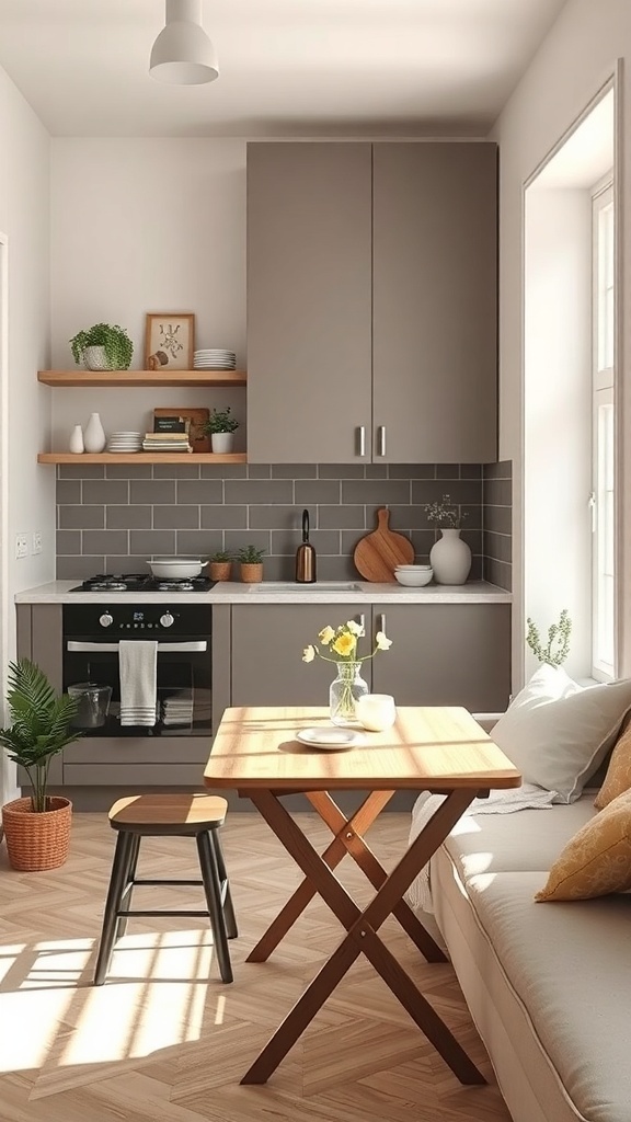 A stylish small kitchen featuring a foldable wooden table, dark cabinetry, and decorative plants.