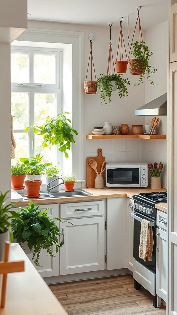 A cozy tiny cottage kitchen filled with various green plants in pots, including hanging planters and countertop greenery.