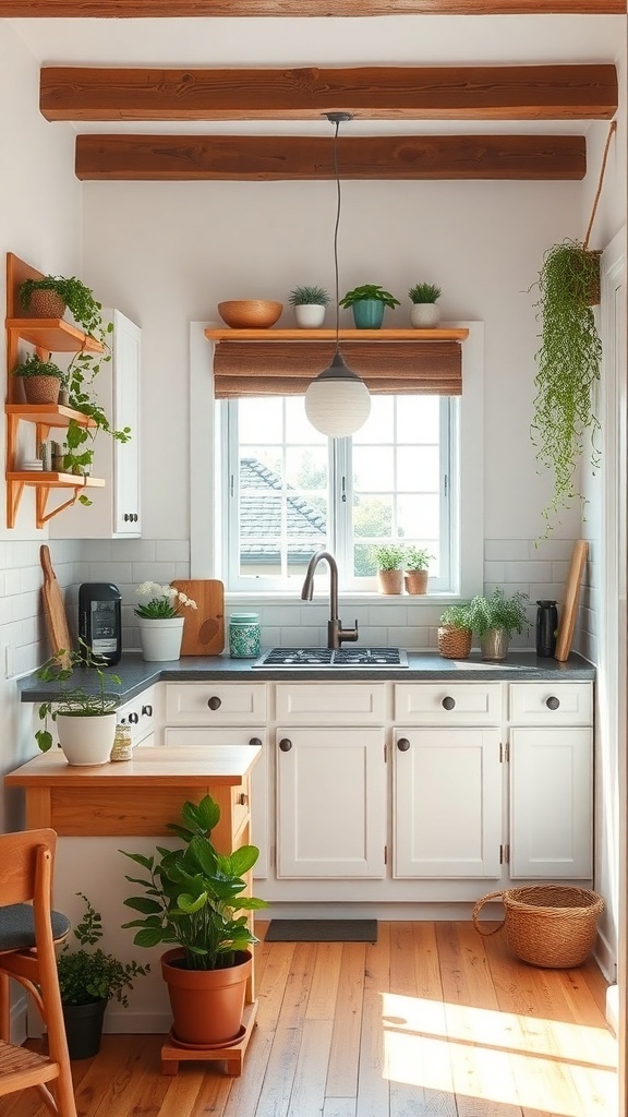 Cozy tiny farmhouse kitchen with white cabinets and greenery on shelves and windowsills