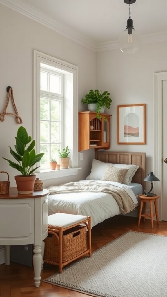A cozy mudroom with plants on the windowsill and a small table, creating a warm and inviting atmosphere.