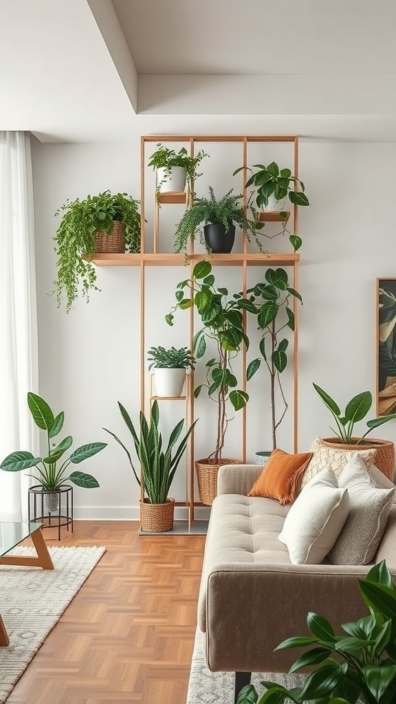 A modern living room featuring a wooden partition filled with various indoor plants.