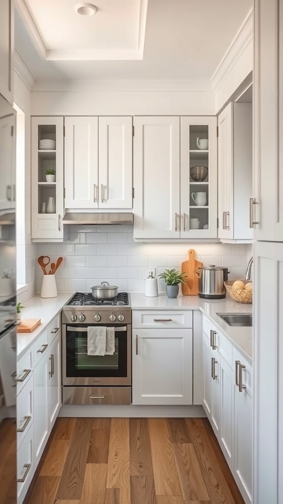A stylish tiny kitchen featuring white cabinetry and open shelves for storage.
