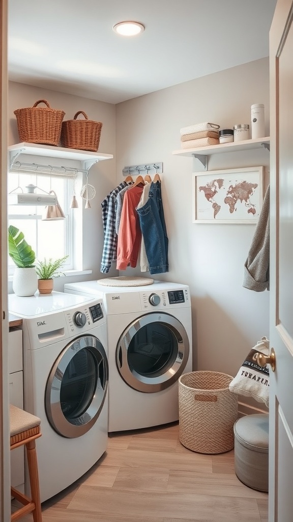 Small laundry room with white appliances, hooks for clothing, and a cozy decor.