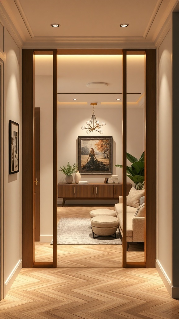 A modern entryway partition with soft lighting highlighting wooden frames and a stylish chandelier, creating a warm and inviting atmosphere.