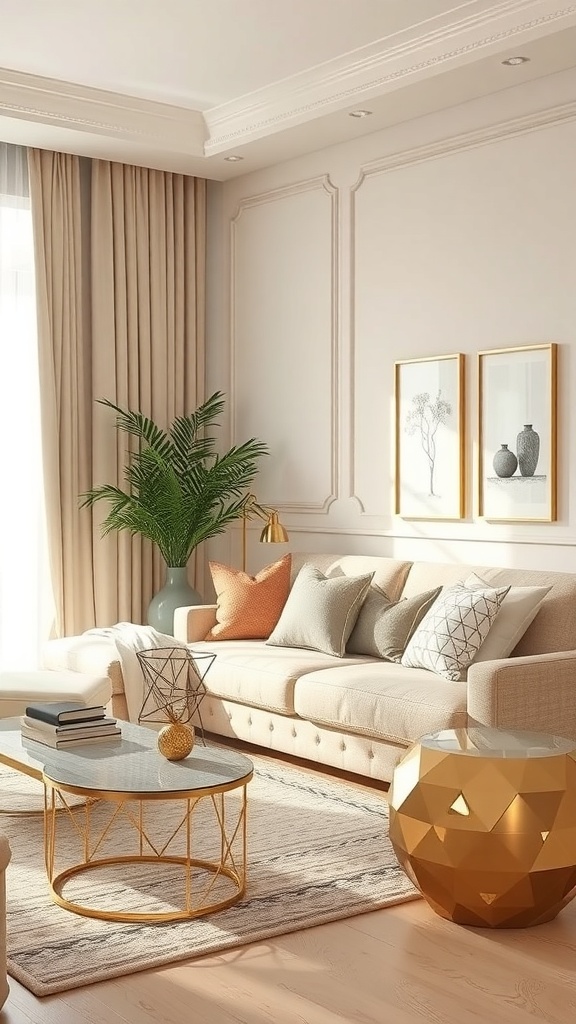 A stylish beige living room featuring metallic accents, including a gold coffee table and decorative items.
