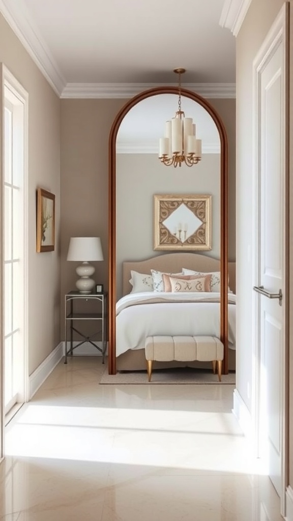 A small foyer with an arched mirror, a chandelier, and a cozy decor