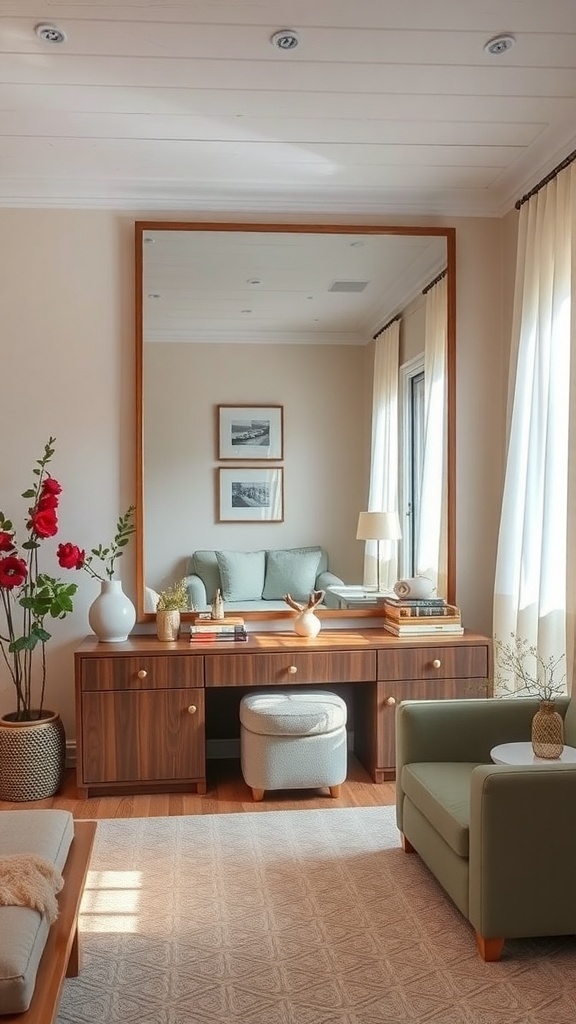 A beautifully designed small dressing room featuring a large mirror above a wooden dresser, complemented by tasteful decor.