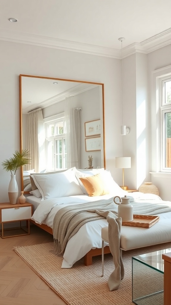 A cozy small bedroom with a large mirror, showcasing reflective design and soft decor.