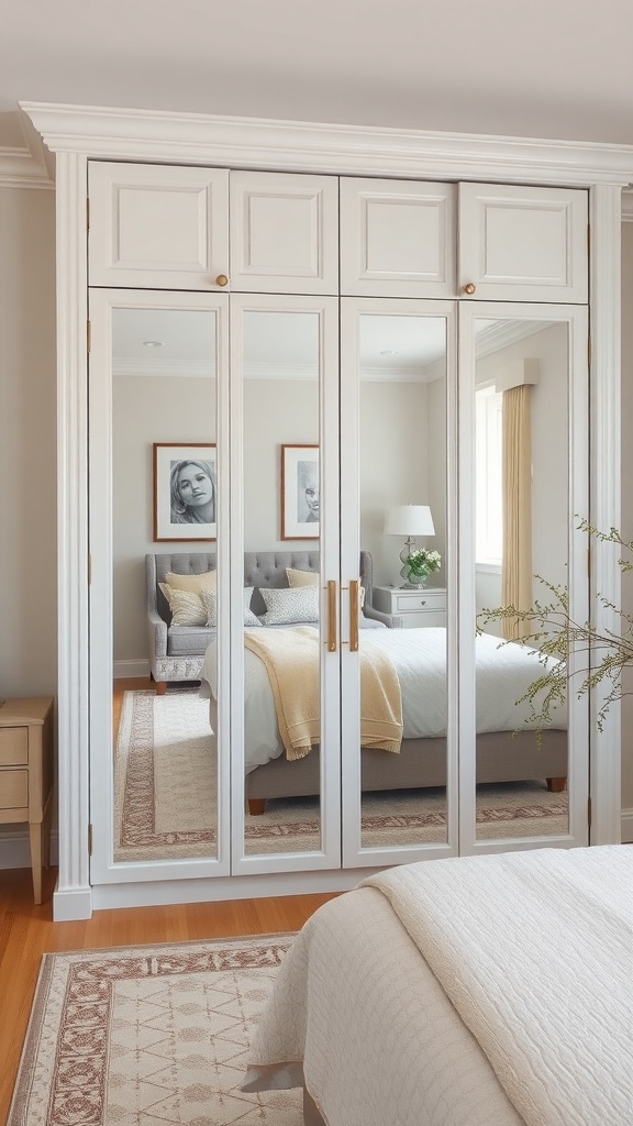 A fitted wardrobe with mirrored doors reflecting a cozy bedroom setting.