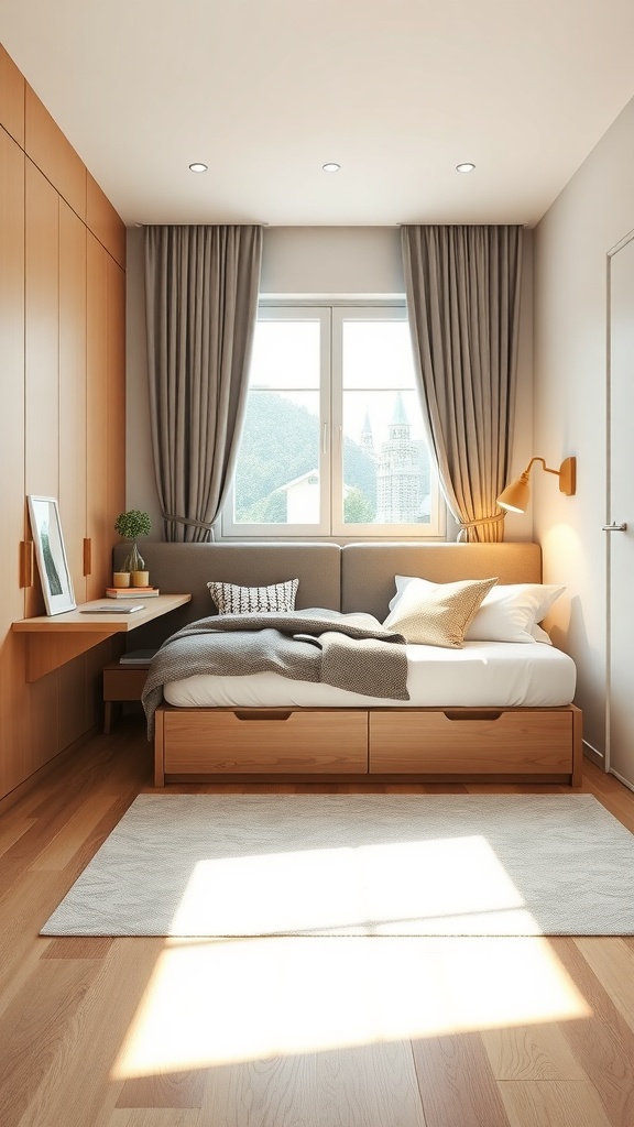 Small guest bedroom with multi-functional furniture, including a bed with storage drawers and a wall-mounted shelf.