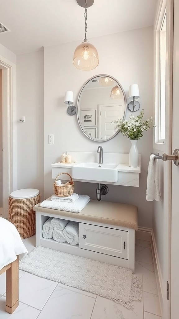 A modern bathroom featuring a sleek sink, a storage bench, and a round mirror.