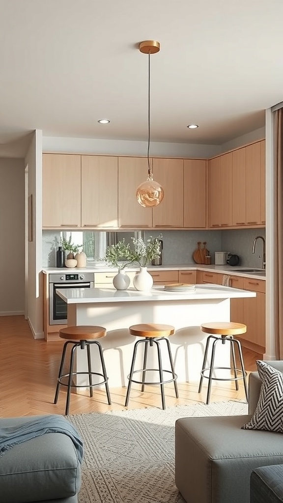 A modern apartment kitchen featuring a central island with bar stools, wooden cabinets, and stylish decor.