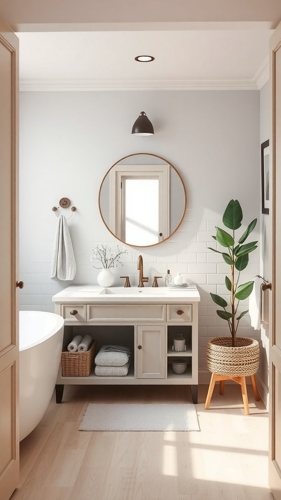 A stylish tiny house bathroom featuring a multifunctional vanity with storage, natural decor, and a spacious appearance.