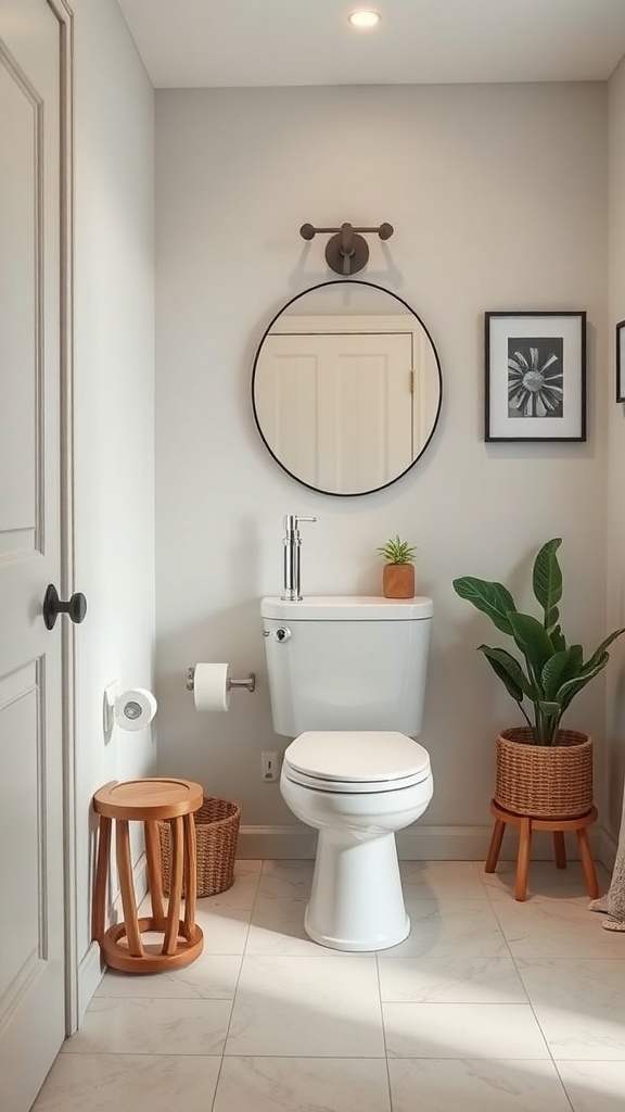 A stylish tiny half bathroom featuring a compact toilet, wall-mounted sink, round mirror, decorative plants, and practical storage.